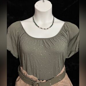 Elena Solano 3x Olive Green Studded Rayon Top